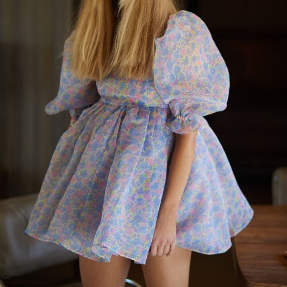 Selkie Pastel Floral Puff-Sleeve babydoll Mini Dress in Lavender, blue & Pink